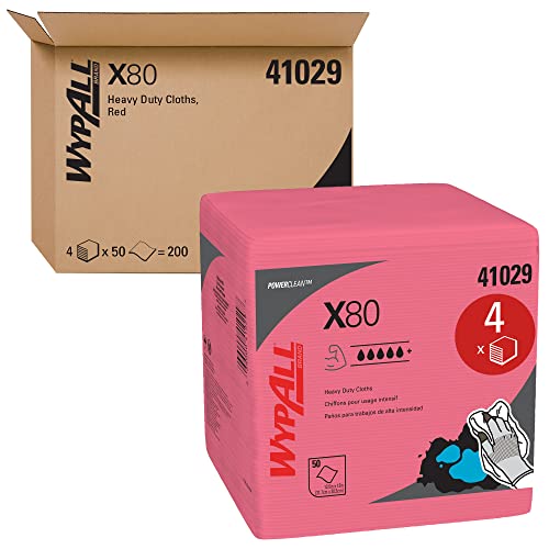 Wypall Power Clean x80 Тешки крпи, продолжени користени крпи од четврт-пати формат, црвена, 50 листови / пакувања; 4 пакувања / случај; 200