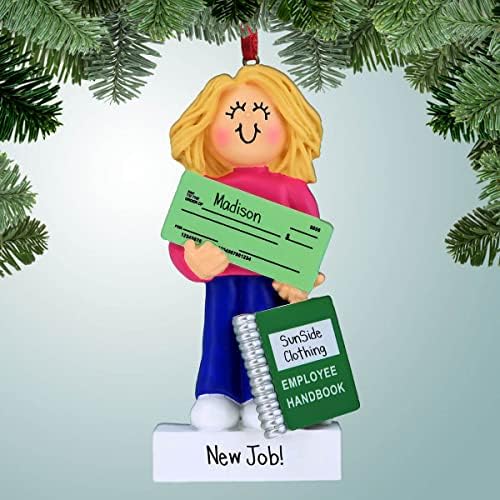 PersonalizedFree.com Нова проверка на работа за работа - женска руса коса - персонализиран Божиќен украс - Промоција на вработените - Совршен ракопис