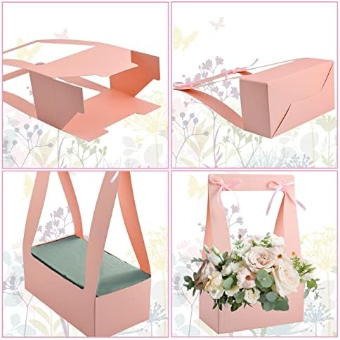 Кутија за носење цвеќарници за цвеќарници, 5 парчиња розови хартиени кеси со рачки преносни торби за подароци за свадбени забави роденденски прослави