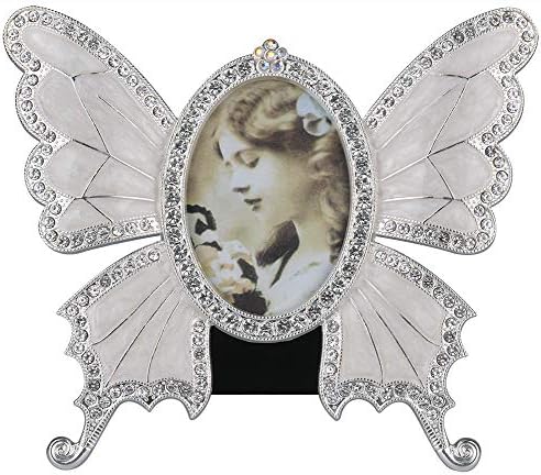 Chezmax Rhinestone украсена елипса Дизајн на пеперутка гроздобер метална фото рамка дома декор десктоп табела на табела на топ рамка бела 3 -5