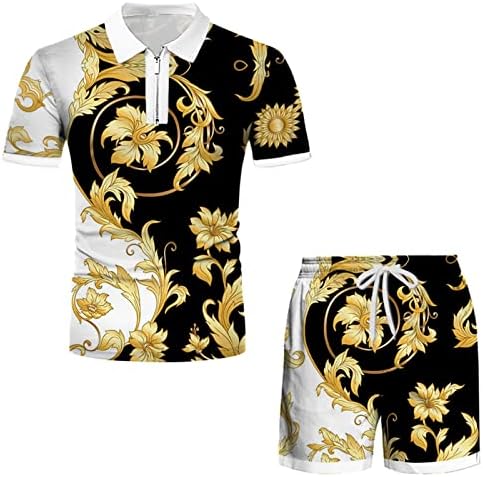 Нархбг машки 2 парчиња облека за хипстер печатена патент Поло маица и шорцеви Поставете спортски патеки за обични сет на потта