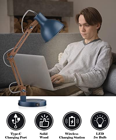 Елиона модерна ламба за биро и рустикална странична ламба, ламба за маса во кревет со безжичен полнач, порта за полнење тип-Ц