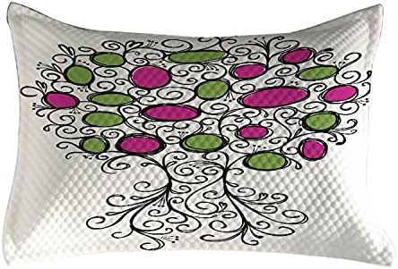 Ambesonne разнобојно ватирана перница, магента обоени јајници и вртливите вртења на рака, нацртано изглед, мотив за дрво, стандарден капакот