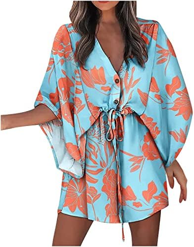 Fragarn женски сандерс, женски летен 3/4 ракав V врат празничен фустан Бохо Печати за печатење Сонцето плажа фустан