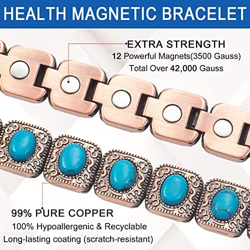 Бакарна нараквица за жени за артритис и зглоб, тиркизна магнетна терапија нараквици со 3500 магнети на Гаус, подароци за накит