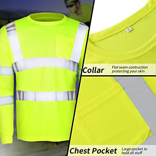 Jagely 6 пакувања XL големина со голема видливост безбедносни кошули рефлексивни машки маички со долг ракав, жолта дишена унисекс
