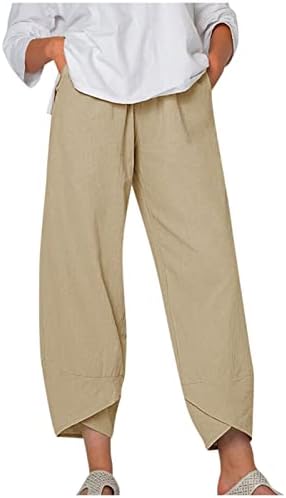 Памучни постелнини панталони за жени 2023 летни еластични половини капри панталони обични лабави исечени широки нозе плажа панталони со џебови