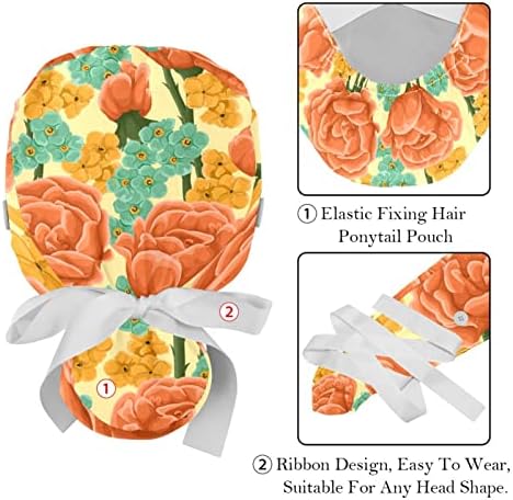 Медицински капачиња за жени со копчиња долга коса, 2 парчиња прилагодливо работно капаче, прекрасно цвеќе разнобојно