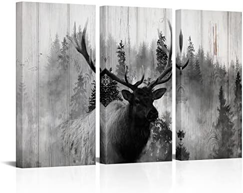 Фушвр - 3 парчиња рустикално еленско платно wallидна уметност црно -бело елк во маглива есенска шума слика слика диви животни отпечатоци