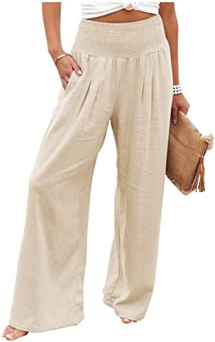 Панталони од iaqnaocc за жени, обични високи половини широки нозе плажа палацо панталони