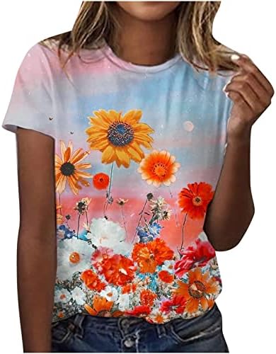 Краток ракав екипаж на вратот на вратот Графички цветна обична врвна маичка за дами есен летен памучен блуза XR XR