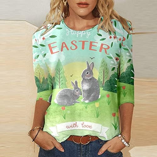 Womenенски обични велигденски кошули Велигденски дневен врат на вратот Симпатична зајак печатен 3/4 ракав маица врв