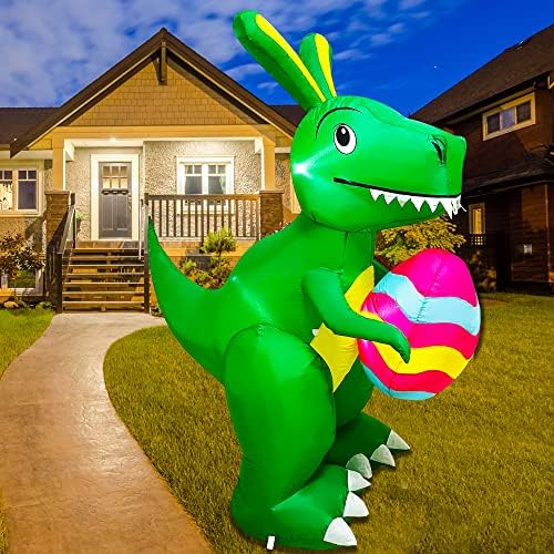 Trystway 6 ft Велигденски надувувачки диносаурус на отворено украси, Велигденски разнесе змеј со шарено јајце во изградба на LED светло