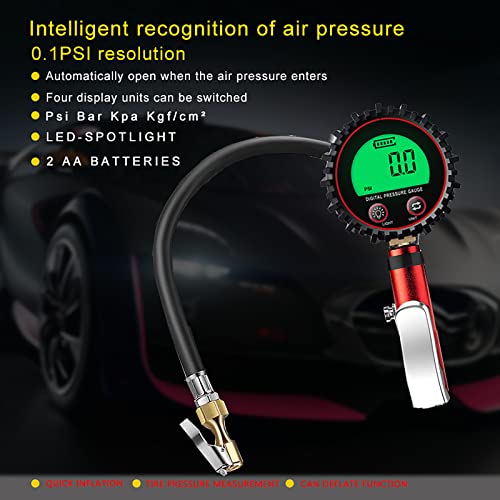 Дигитална гума за надувување со мерач на притисок 255 PSI Air Chuck и додатоци за компресор 0.1 Резолуција на дисплеј Брзо поврзување спојник