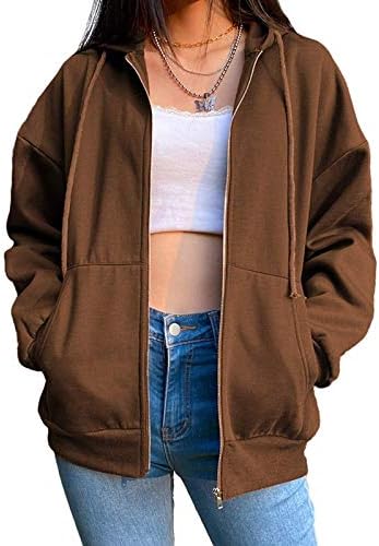 Womenените гроздобер 90 -тите цврсти патенти предни преголеми долги ракави кафеави дуксери со џебови со џебови