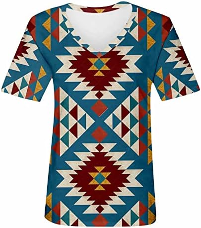 Ацтек геометриска маица за печатење жени v вратот со кратки ракави кошула обична лабава удобност лесен ретро етнотички врвови