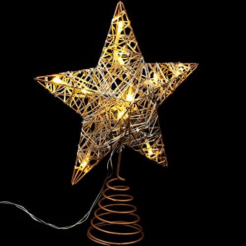 Амосфун Новогодишна Елка Топер Ѕвезда Орнаменти Елка Топер Осветлена СО ЛЕД Светла Златна Ѕвезда Божиќна Елка Топпер За Украс