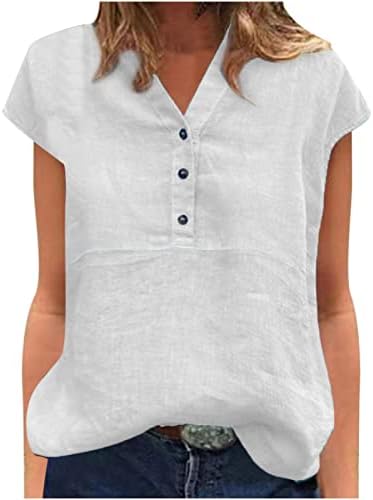 Comigeewa женски блузи Хенли Внек постелнини блузи кратки ракави салон основни летни есенски блузи со копче за копче редовно вклопување