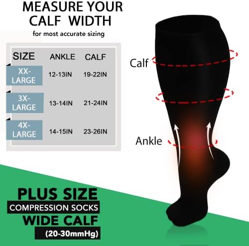 Get-FA 3 парови плус чорапи за компресија со големина за жени и мажи широко теле 20-30 mmhg Дополнителна голема поддршка на коленото за