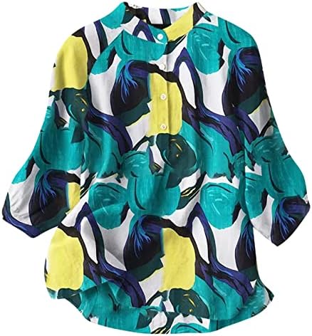 Преголеми кошули на Хенли за жени печати памучни постелнини врвови 3/4 Фенерски ракави блуза летни трендовски манжети