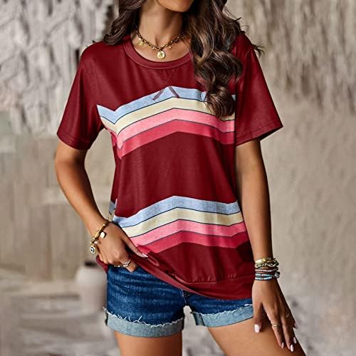 Дами маички со кошули Виножито ленти со кратки ракави врвови летни обични лабави блок во боја што одговараат на пулвер, мачки