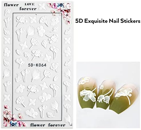 Налепници за уметност за нокти, Smallbudi 5d Исклучителна цветна шема на ноктите, декорации за само лепила за нокти, бела чипка,