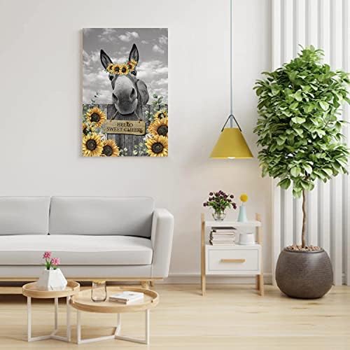 Фарма куќа магаре wallидна уметност за бања смешен магаре wallиден декор постер сончоглед слики печати сликарство рустикална фарма цвеќиња