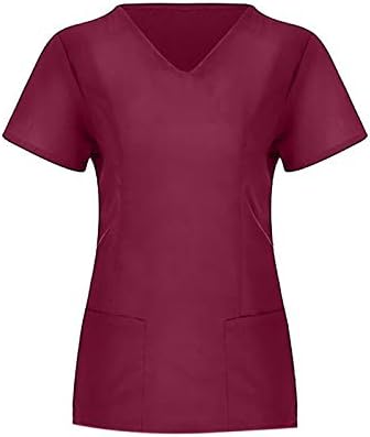Врвовите за истегнување на работната облека за жени SCRUBS врвни V-вратот за работа со униформа маица цврсти кратки ракави со џебови со