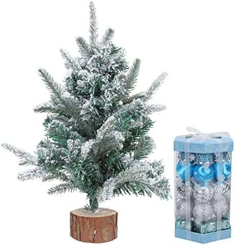 Bestoyard Божиќни украси Мала осветлена вештачка новогодишна елка: Мини снег се собрал Божиќно дрво со LED светло низа што виси украси