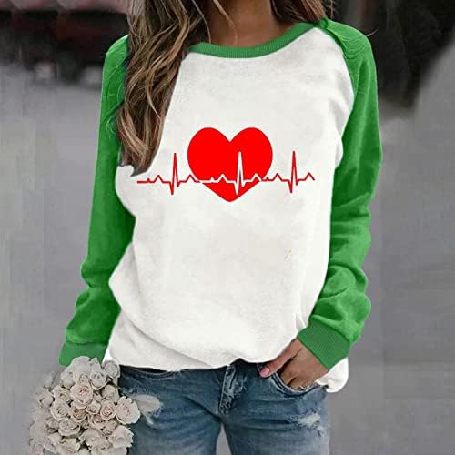 Симпатична графичка маичка за срце за жени Денот на в Valentубените мода пуловер, џемпер, блуза со долги ракави О-вратот на вратот