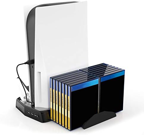 Вертикален штанд со вентилатор за ладење за PS5 конзола и PlayStation 5 Digital Edition, пристаниште за полнење со полначи со двојни