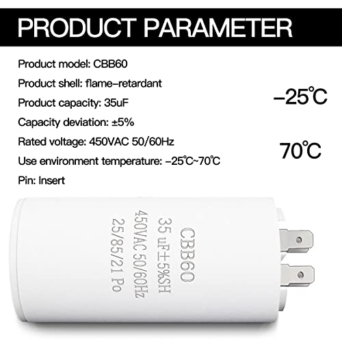 35uf CBB60 Моторни Работи Кондензатор, 450VAC 50/60HZ Цилиндричен Кондензатор За Моторни Работи, Машини За Перење, Климатизери И Пумпи