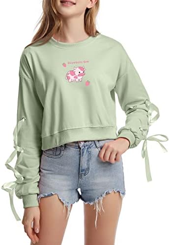 Keevici Симпатична џемпер од јагода од јагода од крава за тинејџери Каваи, розов џемпер, чипка со долги ракави памук пулвер…