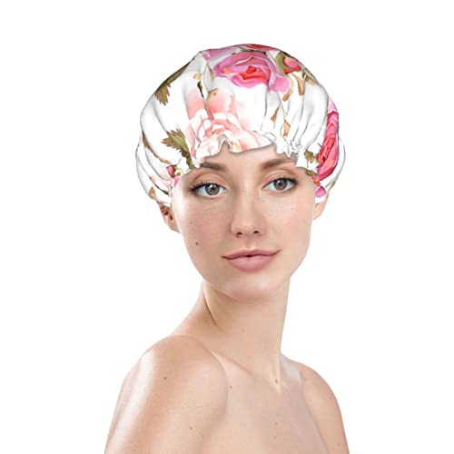 Цветен цвет розово розово печатено капаче за туширање, двоен слоеви капа за бања за жени водоотпорни капачиња за туширање за туширање