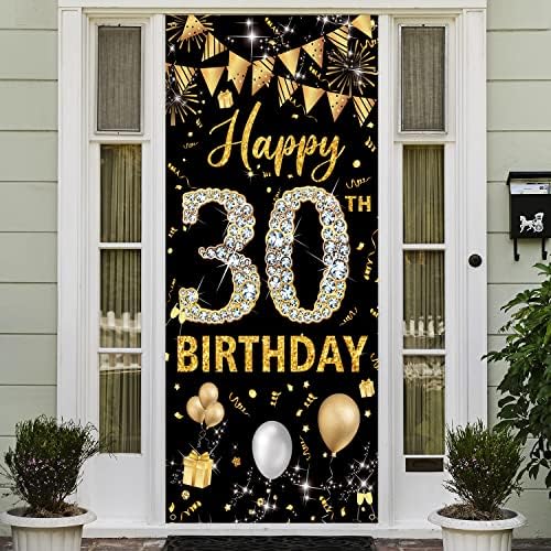 30 -ти роденденски украси на вратата на вратата, црно злато среќен 30 -ти роденденски украси за жени мажи, декорација на постери за поклопец