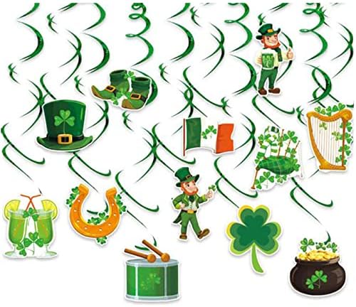 24 парчиња украси за Денот на Свети Патрик, зелена среќна ирска срамна детелина Лепрекаун потковица знак фолија што виси вртења на тавани