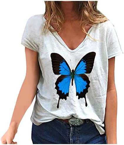 Летни Маици За Жени Графички Пеперутка Печатење Маици Мода V Вратот Кратки Ракави Блузи Плус Големина Секојдневен Блуза