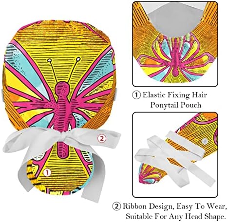 2 парчиња шарена капаче за чистење пеперутка со торбичка за конска опашка, прилагодлива унисекс буфантна хируршка капа, повеќе бои