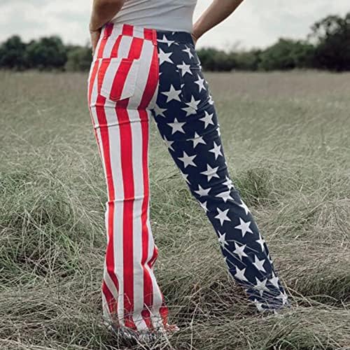 Gumipy жени со висока половината Американско знаме Флејл фармерки Стенди bellвонче на дното на дното фармерки со широки фармерки на нозе тексас