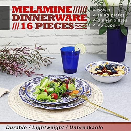 Меламин за вечера со меламин за 4-16 компјутери: Садови за кампување поставени со чинии за вечера, салата плочи, чаши и чинии.