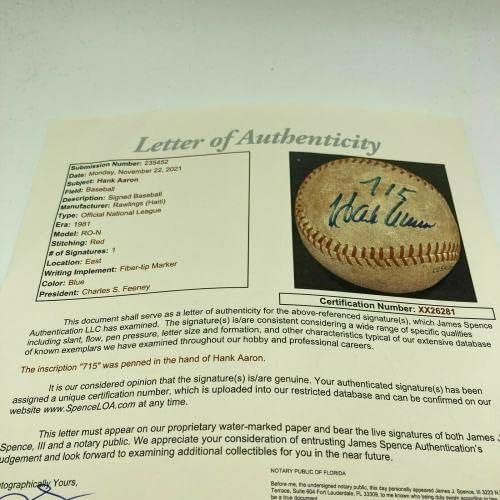 Ретки Хенк арон 715 ЧАС Потпишан Гроздобер Националната Лига Игра Користи Бејзбол JSA COA-MLB Автограм Игра Користи Бејзбол
