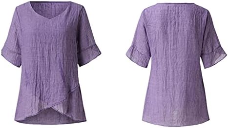 Памук постелнина 3/4 врвови на ракави FPR жени против вратот Неправилни лежерни маички кошули лабави удобни цврсти блузи пуловер
