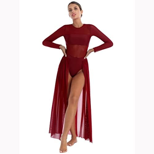 Фустани жени возрасни лирски танц фустан со долг ракав балет леотарски проточен тул -разделен здолниште за танцување облека за танцување