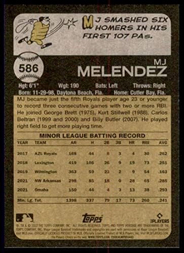 2022 Топс Херитиџ Висок број 586 MJ MELENDEZ RC ROCIE KANSAS CITY ROYALS MLB Carding Baseball Trading Card