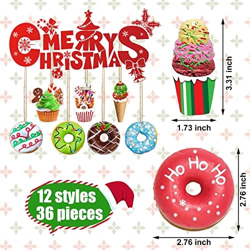 36 компјутери Божиќни десерт дрвени украси сладолед кекс, крофна дрво исечоци новогодишно дрво, виси дрво украси со коноп јаже за празнични