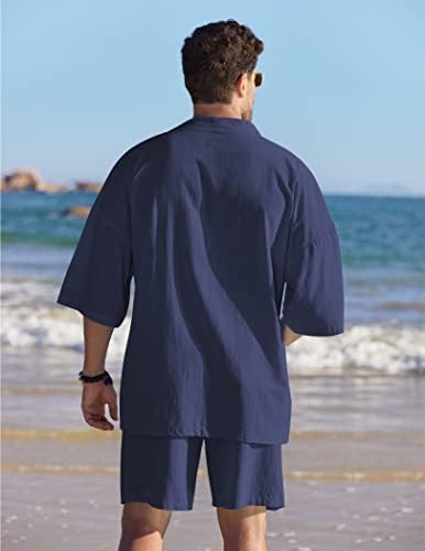 Coofandy Машка постелнина поставува 2 парчиња плажа на плажа Отворена предна јакна Кимоно кардиган со кратки сетови
