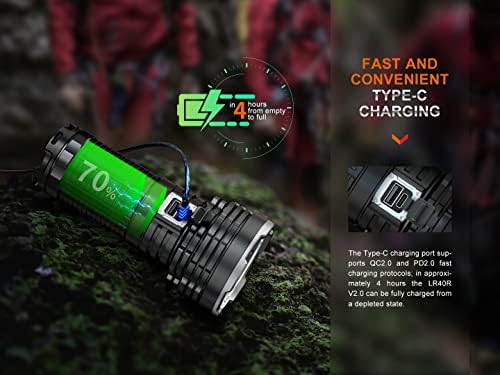 Fenix ​​LR40R v2.0 Super Bright Flashlight, 15,000 Lumen USB-C Брзо полнење со брзо полнење со долги пребарувања со светло и организатор