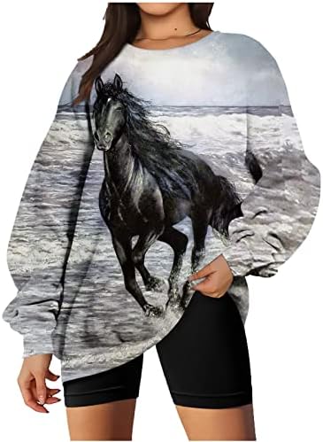 Гроздобер западна етничка маичка за жени 3Д коњски графички обични екипи на вратот на вратот со долги ракави преголеми врвови