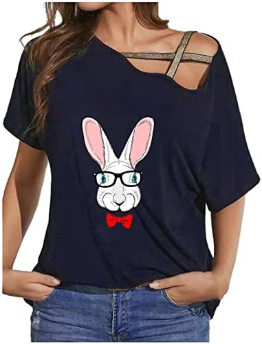 Велигденска кошула за жени зајак печати ладно рамо графички мета обична лабава маица со краток ракав