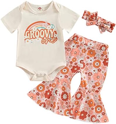 Xiaodricee новороденче девојче роденденска облека за кратки ракави за ракав маица за печатење+bellвоно дно одблесоци панталони